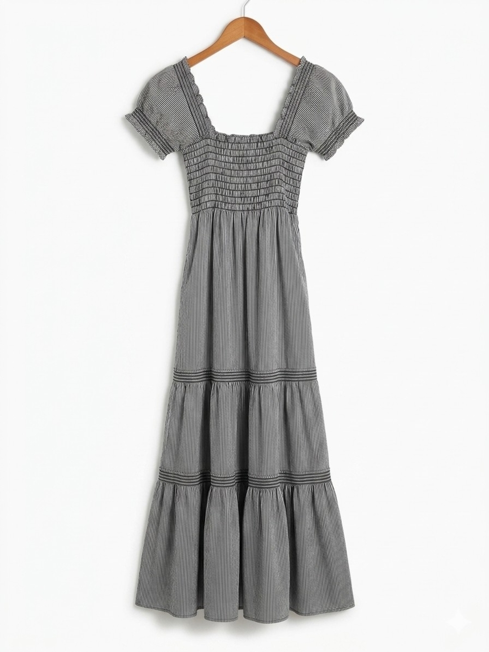 Tory Burch Charcoal Pinstripe Smocked Maxi Dress Size XS
